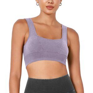 Women's Stone Washing Lavender Square Neck Low Back Ribbed Cropped Sports Bra